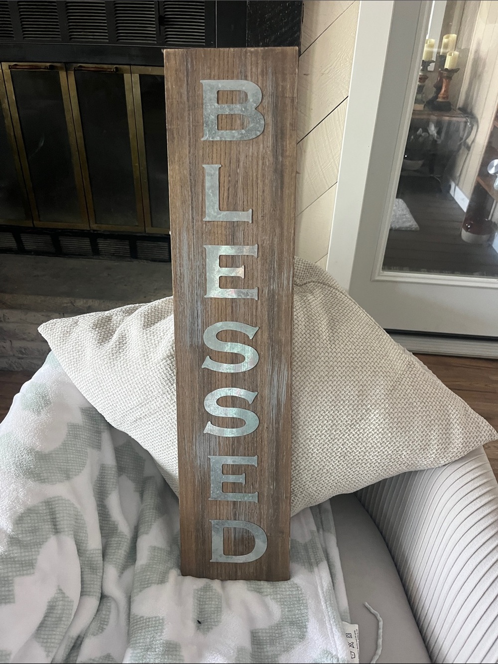 Blessed Vertical Wood Wall Sign - Brown Wood with Silver Letters